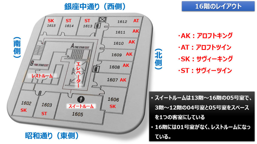 アロフト東京銀座|16階のフロアレイアウト