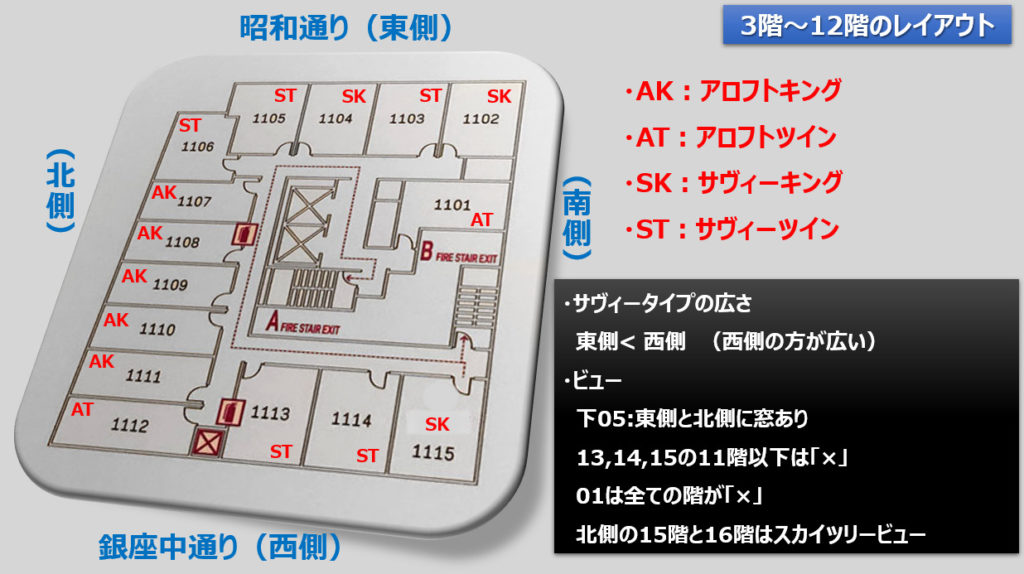 アロフト東京銀座のフロアレイアウト(3~12階)