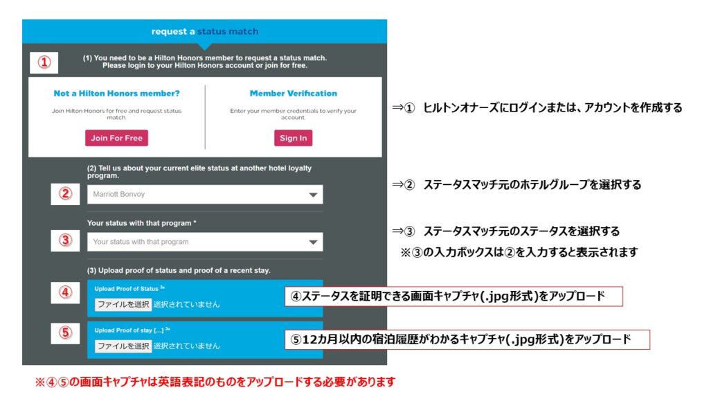 ヒルトンステータスマッチ入力画面
