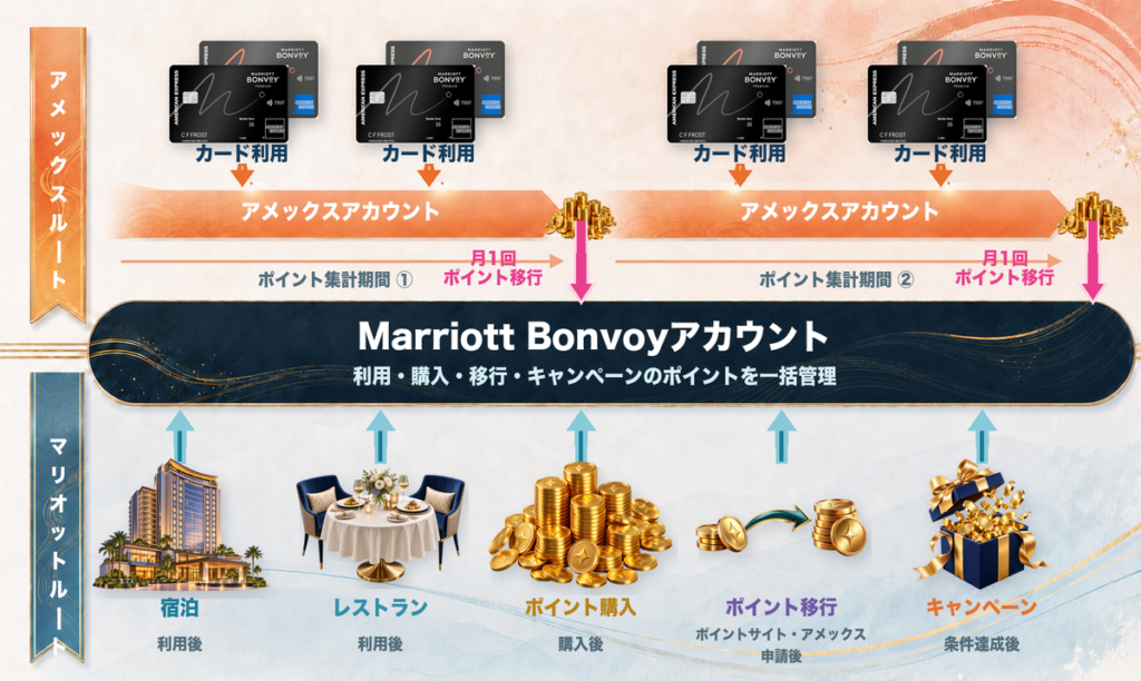 マリオットアメックス利用とMarriott Bonvoyサービス利用でポイントが貯まる2つの経路