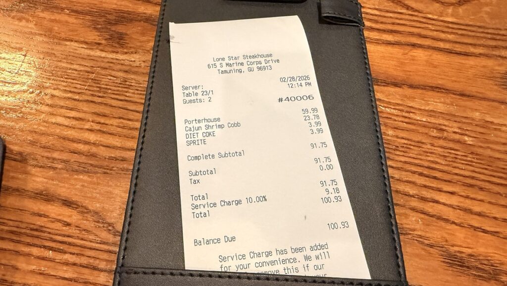 ローンスターステーキハウスの会計レシート