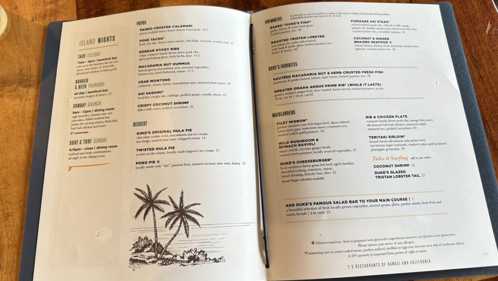 Duke's Kauaiの2024年2月当時のメニュー