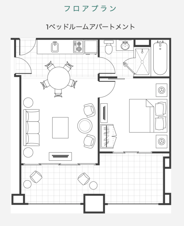 1ベッドルームアパートメントの間取り図