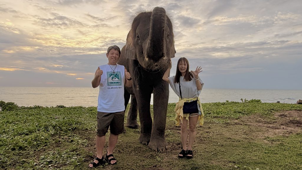 海辺でゾウと撮影した夫婦の記念写真