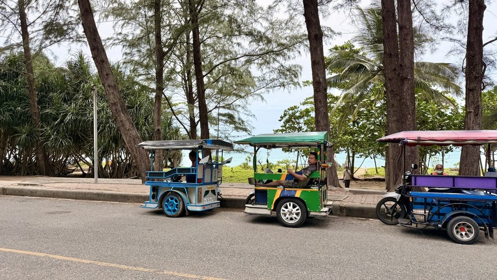 海沿いの道路に並ぶ色鮮やかな屋根付きサイドカー型送迎車