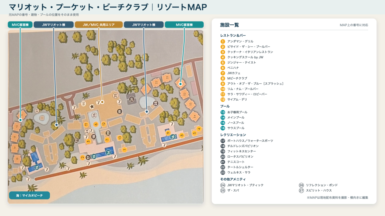 マリオット・プーケット・ビーチクラブとJWマリオットの客室棟、共用施設を示したリゾートMAP