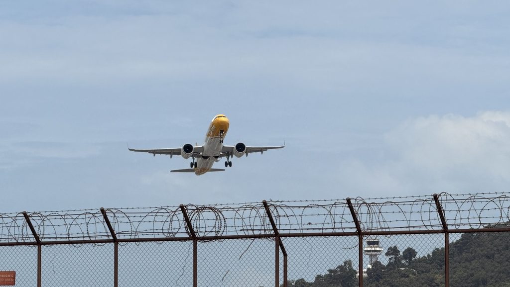 空港のフェンス越しに見上げる黄色い機首の飛行機