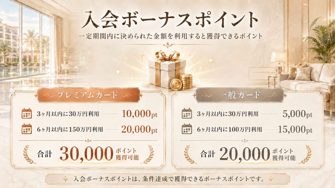 入会ボーナスポイントの内訳。プレミアムカードは10,000+20,000で合計30,000ポイント、一般カードは5,000+15,000で合計20,000ポイント。